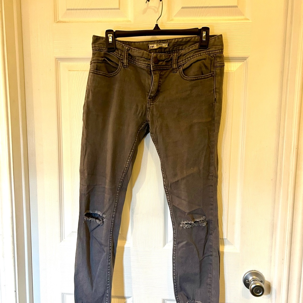 Free People Charcoal Cropped Distressed Skinny Jeans